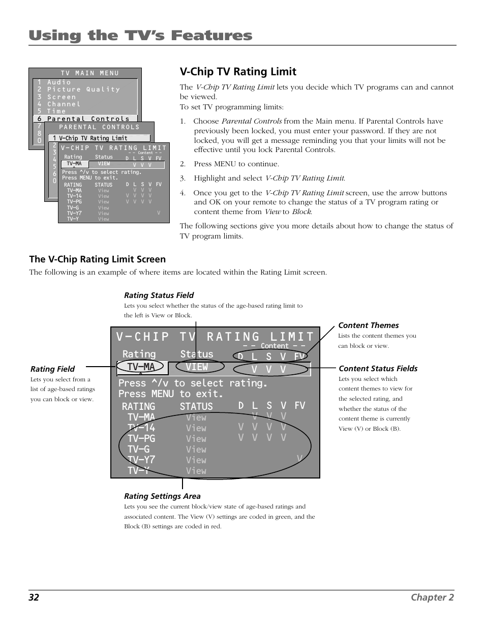 V-chip tv rating limit, Using the tv’s features, Rating status tv-ma view | Tv-14, Tv-pg, Tv-g, Tv-y7, Tv-y, View | RCA F19442 User Manual | Page 34 / 64