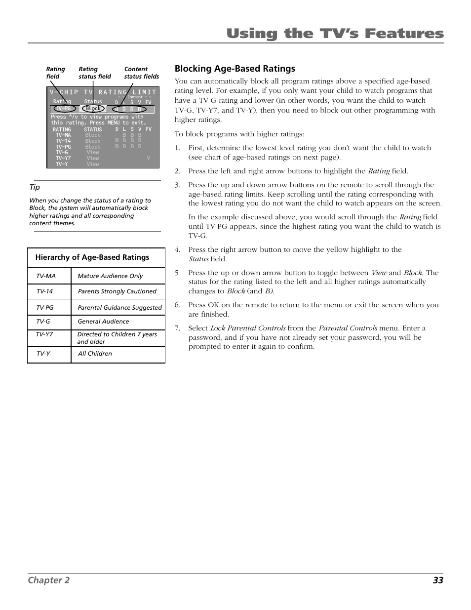 Using the tv’s features, Chapter 2 33 blocking age-based ratings | RCA F19442 User Manual | Page 35 / 64