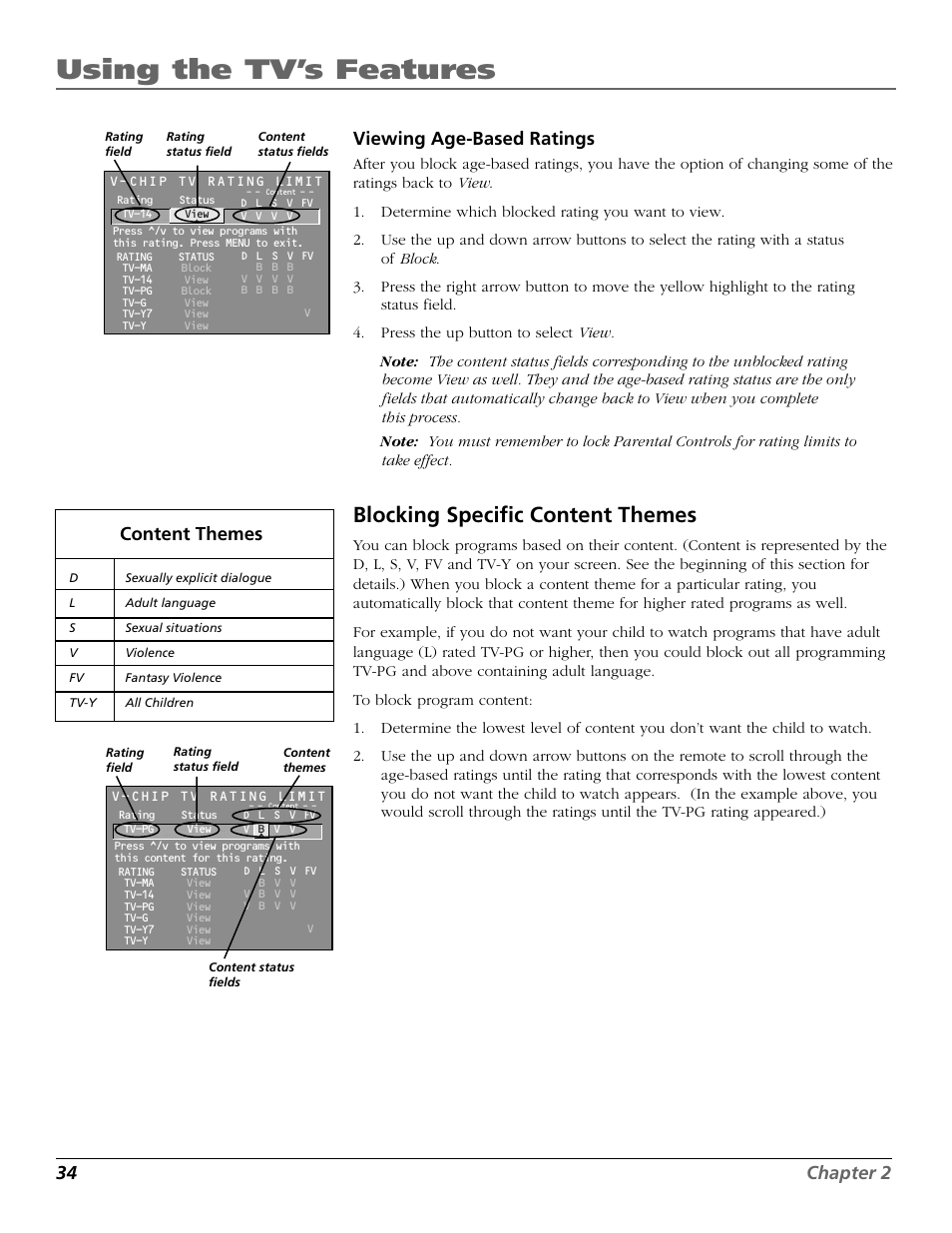 Blocking specific content themes, Using the tv’s features, 34 chapter 2 viewing age-based ratings | Content themes | RCA F19442 User Manual | Page 36 / 64