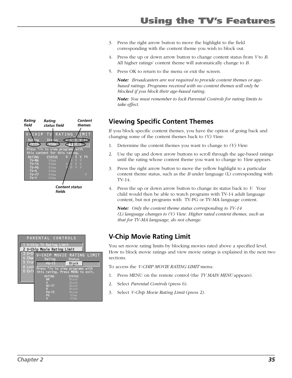 Viewing specific content themes, V-chip movie rating limit, Using the tv’s features | Chapter 2 35 | RCA F19442 User Manual | Page 37 / 64