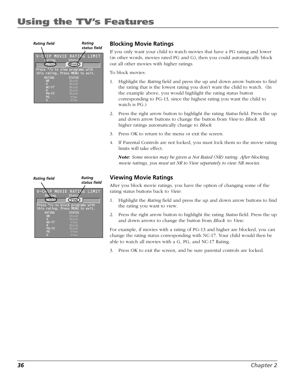 Using the tv’s features, 36 chapter 2 blocking movie ratings, Viewing movie ratings | RCA F19442 User Manual | Page 38 / 64