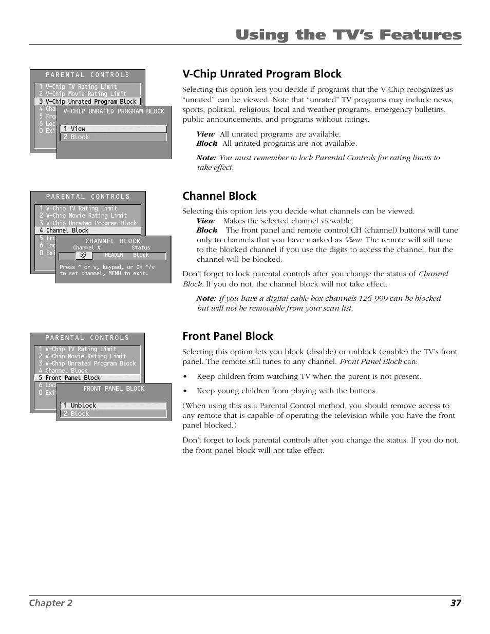 V-chip unrated program block, Channel block, Front panel block | Using the tv’s features, Chapter 2 37 | RCA F19442 User Manual | Page 39 / 64