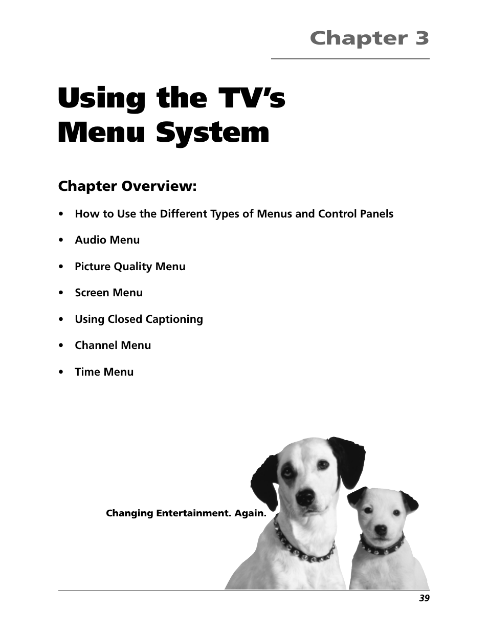 Using the tv’s menu system, Chapter 3, Chapter overview | RCA F19442 User Manual | Page 41 / 64