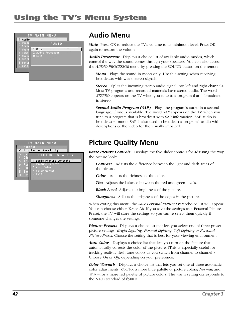 Audio menu, Picture quality menu, Using the tv’s menu system audio menu | RCA F19442 User Manual | Page 44 / 64