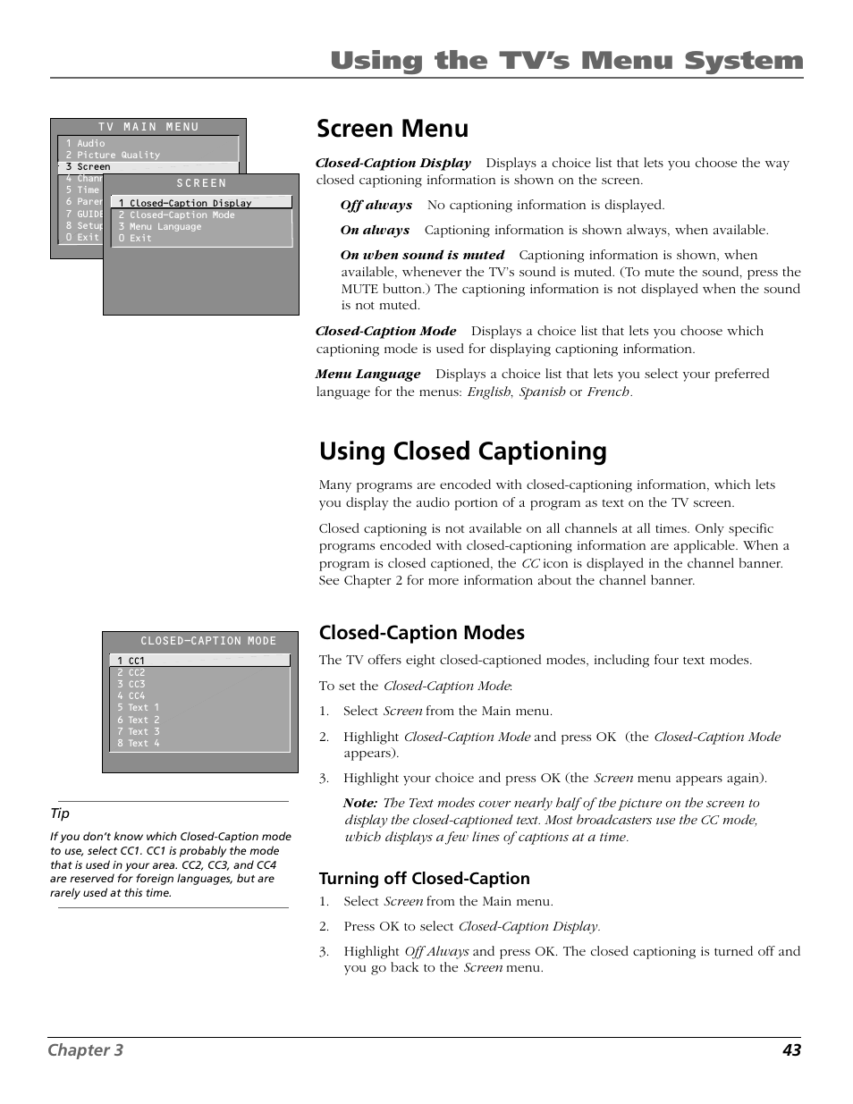 Screen menu, Using closed captioning, Using the tv’s menu system using closed captioning | Closed-caption modes | RCA F19442 User Manual | Page 45 / 64