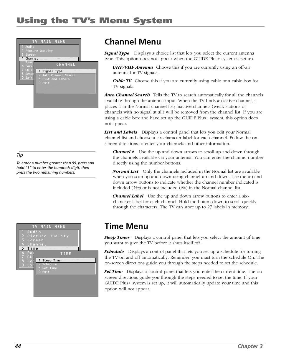 Channel menu, Time menu, Using the tv’s menu system channel menu | RCA F19442 User Manual | Page 46 / 64