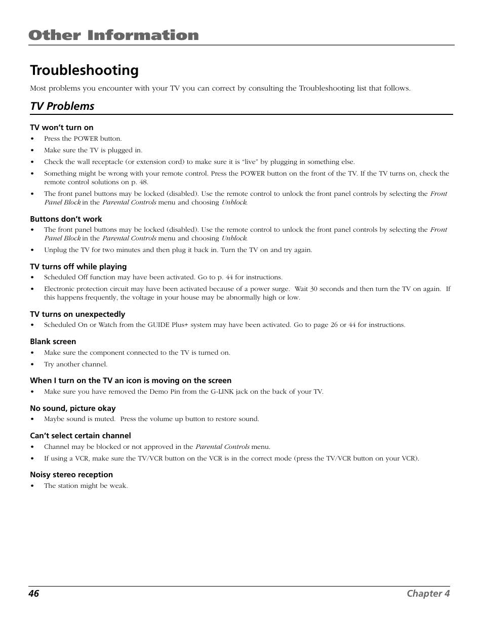 Troubleshooting, Other information, Tv problems | RCA F19442 User Manual | Page 48 / 64