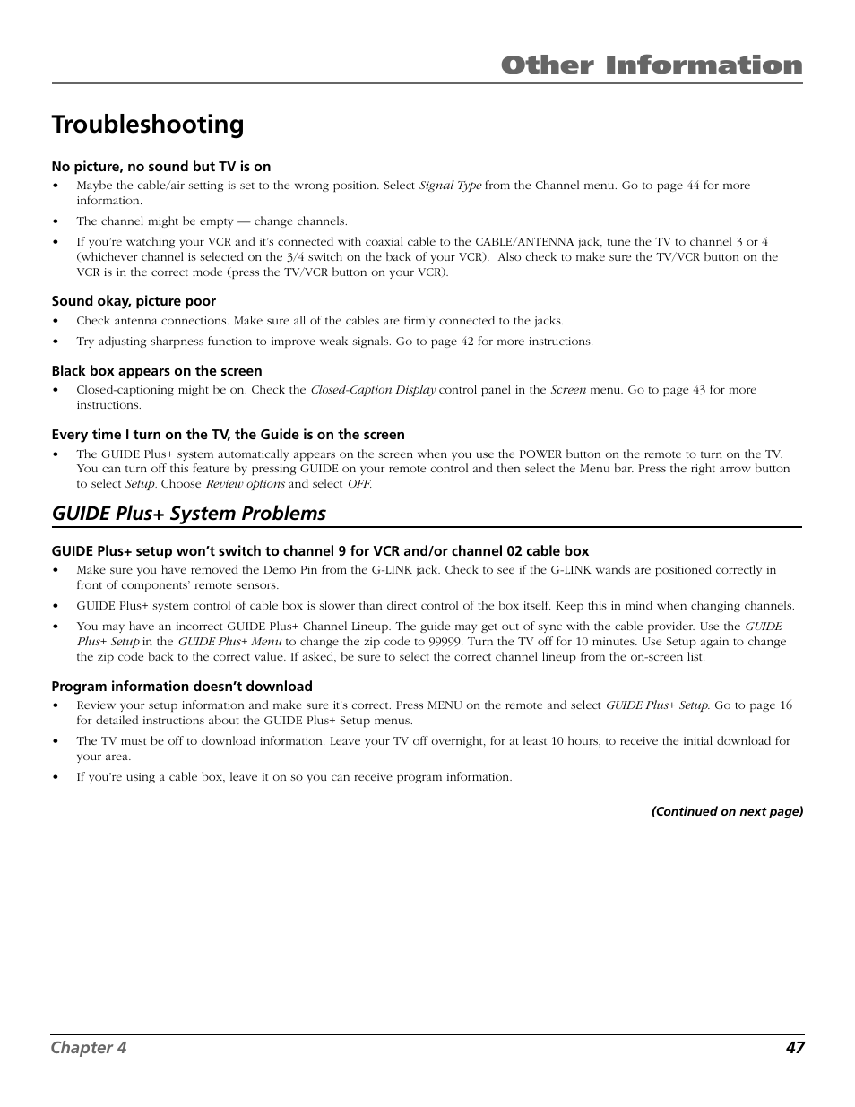 Other information troubleshooting, Guide plus+ system problems | RCA F19442 User Manual | Page 49 / 64