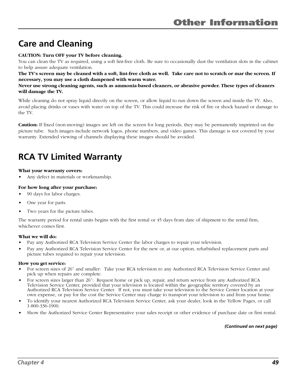 Care and cleaning, Rca tv limited warranty, Other information care and cleaning | RCA F19442 User Manual | Page 51 / 64