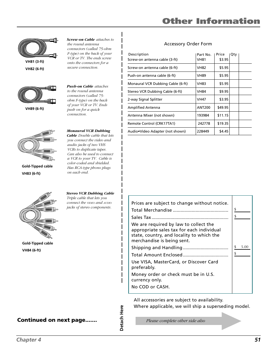 Accessories order form, Other information, Chapter 4 51 | Continued on next page | RCA F19442 User Manual | Page 53 / 64