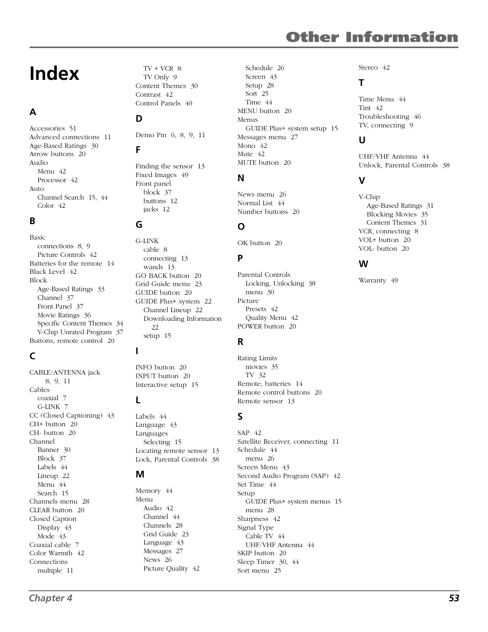 Index, Other information | RCA F19442 User Manual | Page 55 / 64