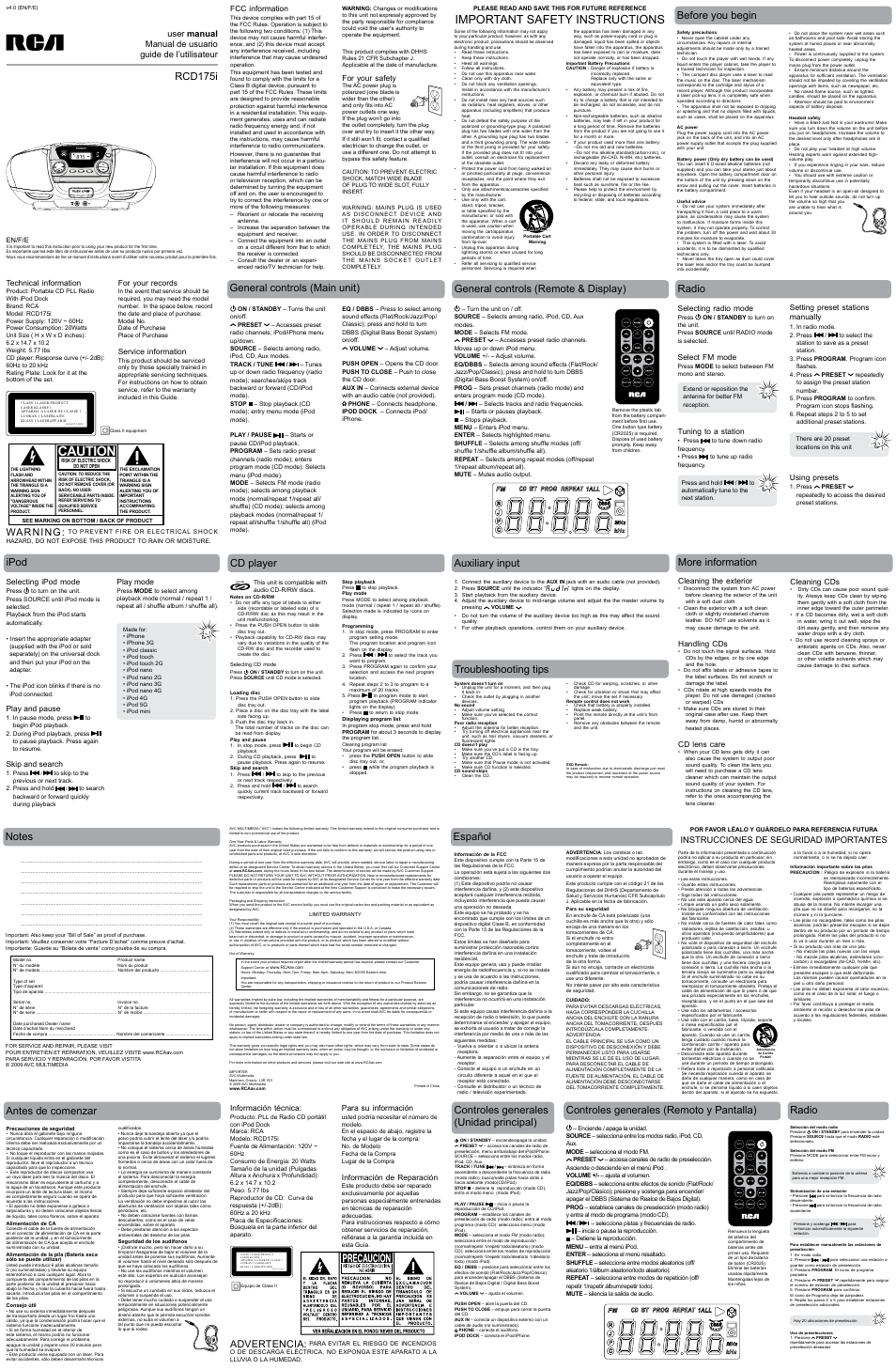 RCA RCD175i User Manual | 2 pages