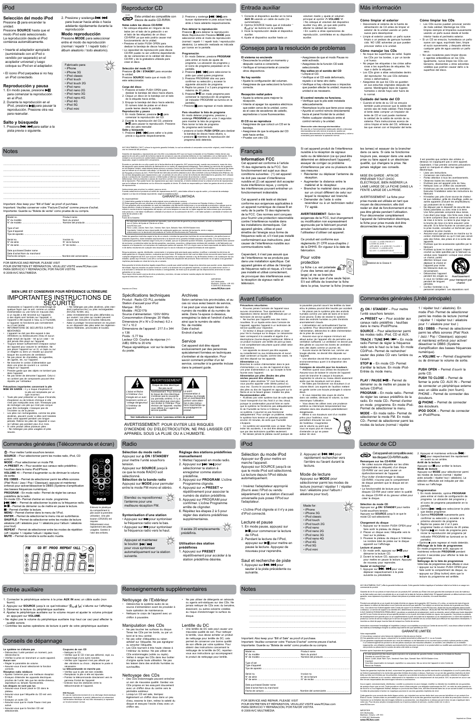 Eq dbbs mode, Caution, Importantes instructions de sécurité | Ipod, Reproductor cd, Conseils de dépannage, Entrée auxiliaire, Lecteur de cd, Radio, Entrada auxiliar | RCA RCD175i User Manual | Page 2 / 2