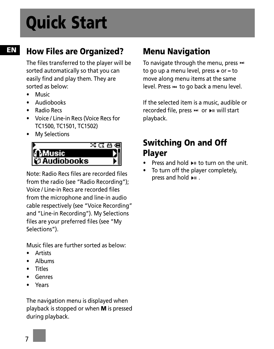 Quick start, How files are organized, Menu navigation | Switching on and off player | RCA TC1500FM User Manual | Page 16 / 48