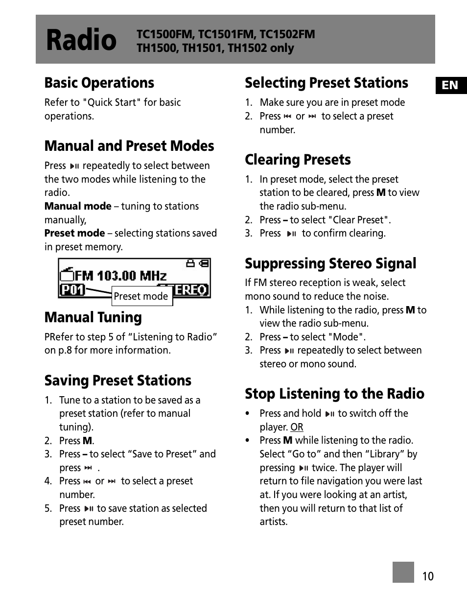 Radio, Basic operations, Manual and preset modes | Manual tuning, Saving preset stations, Selecting preset stations, Clearing presets, Suppressing stereo signal, Stop listening to the radio | RCA TC1500FM User Manual | Page 19 / 48