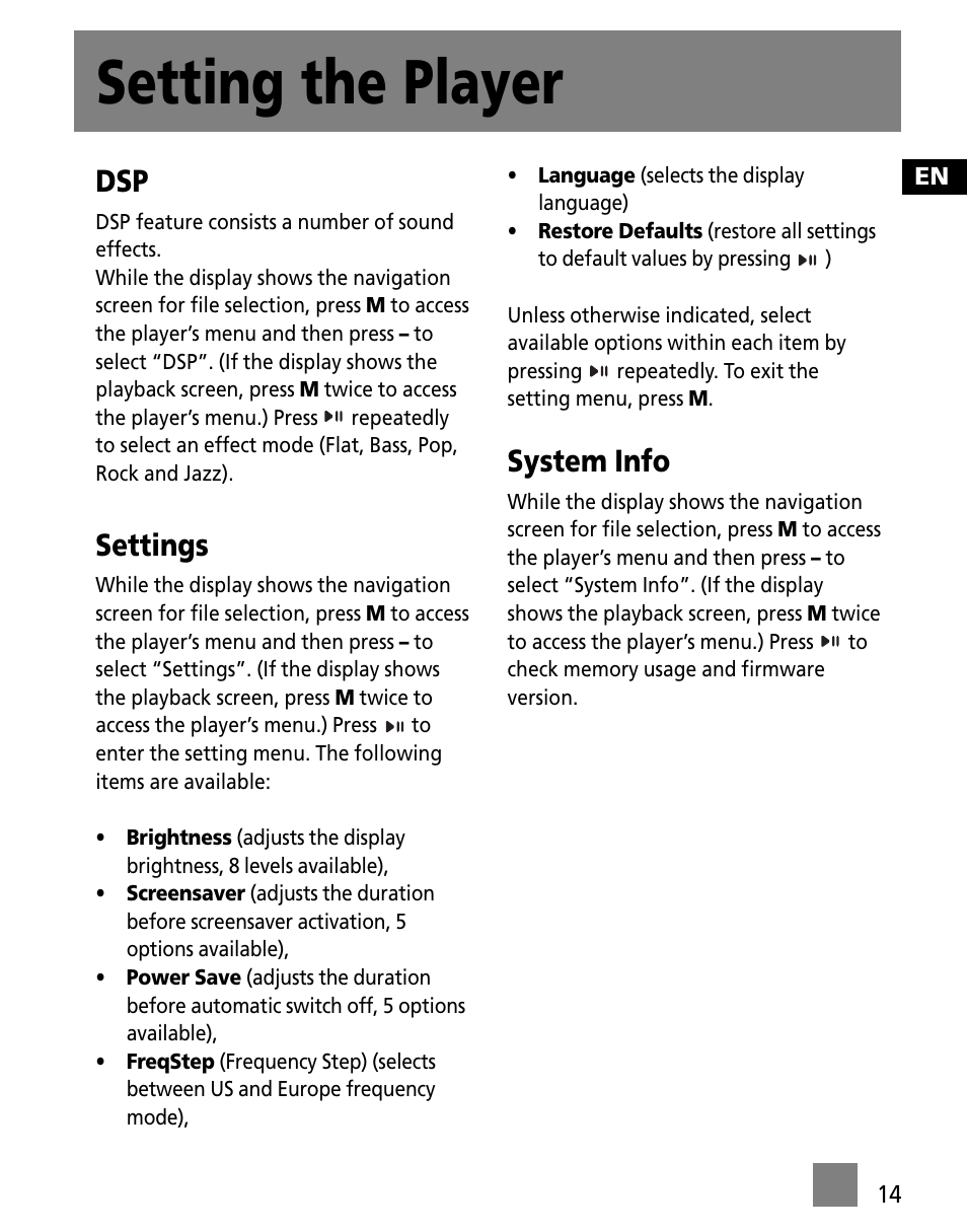 Setting the player, Settings, System info | RCA TC1500FM User Manual | Page 23 / 48