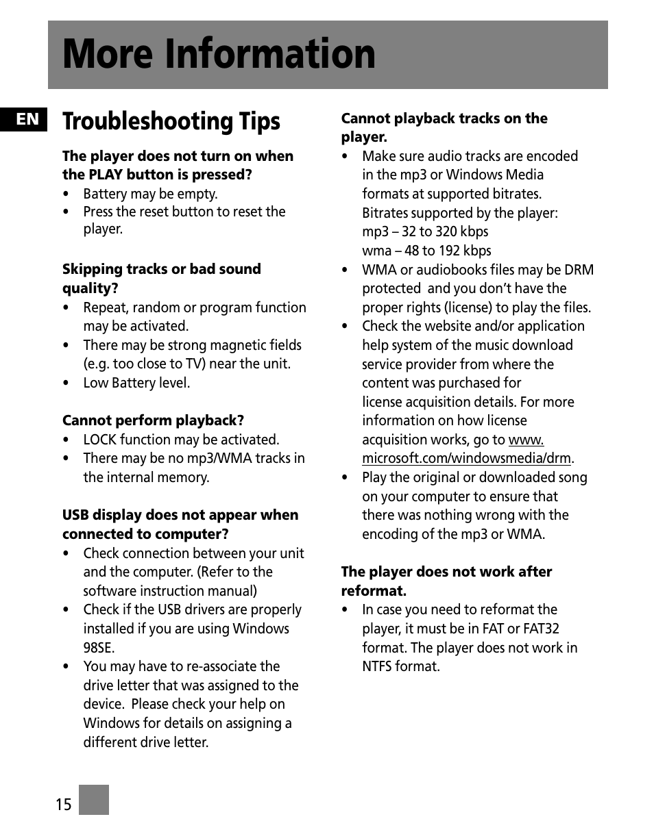 More information, Troubleshooting tips | RCA TC1500FM User Manual | Page 24 / 48