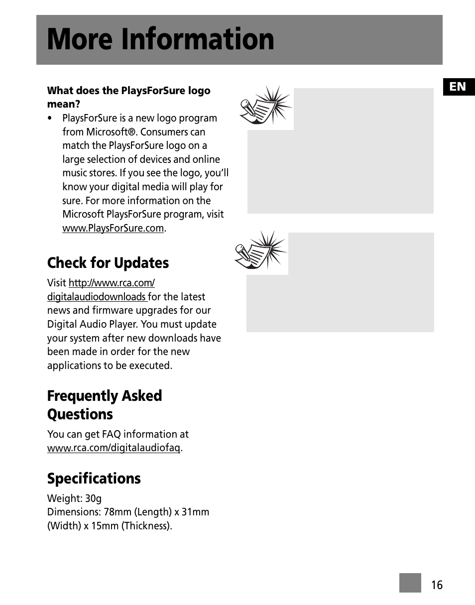 More information, Check for updates, Frequently asked questions | Specifications | RCA TC1500FM User Manual | Page 25 / 48