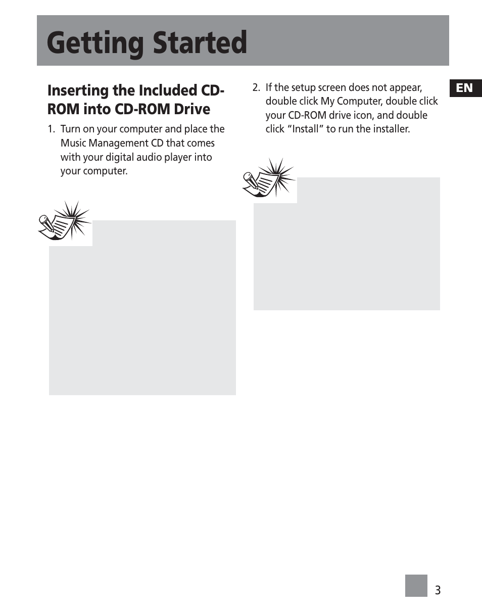 Getting started, Inserting the included cd- rom into cd-rom drive | RCA TC1500FM User Manual | Page 39 / 48