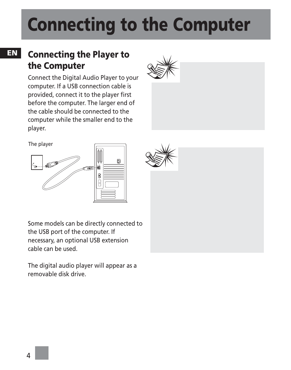 Connecting to the computer, Connecting the player to the computer | RCA TC1500FM User Manual | Page 40 / 48