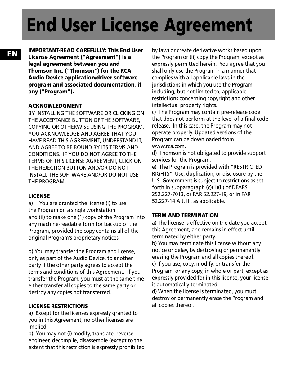 End user license agreement | RCA TC1500FM User Manual | Page 6 / 48