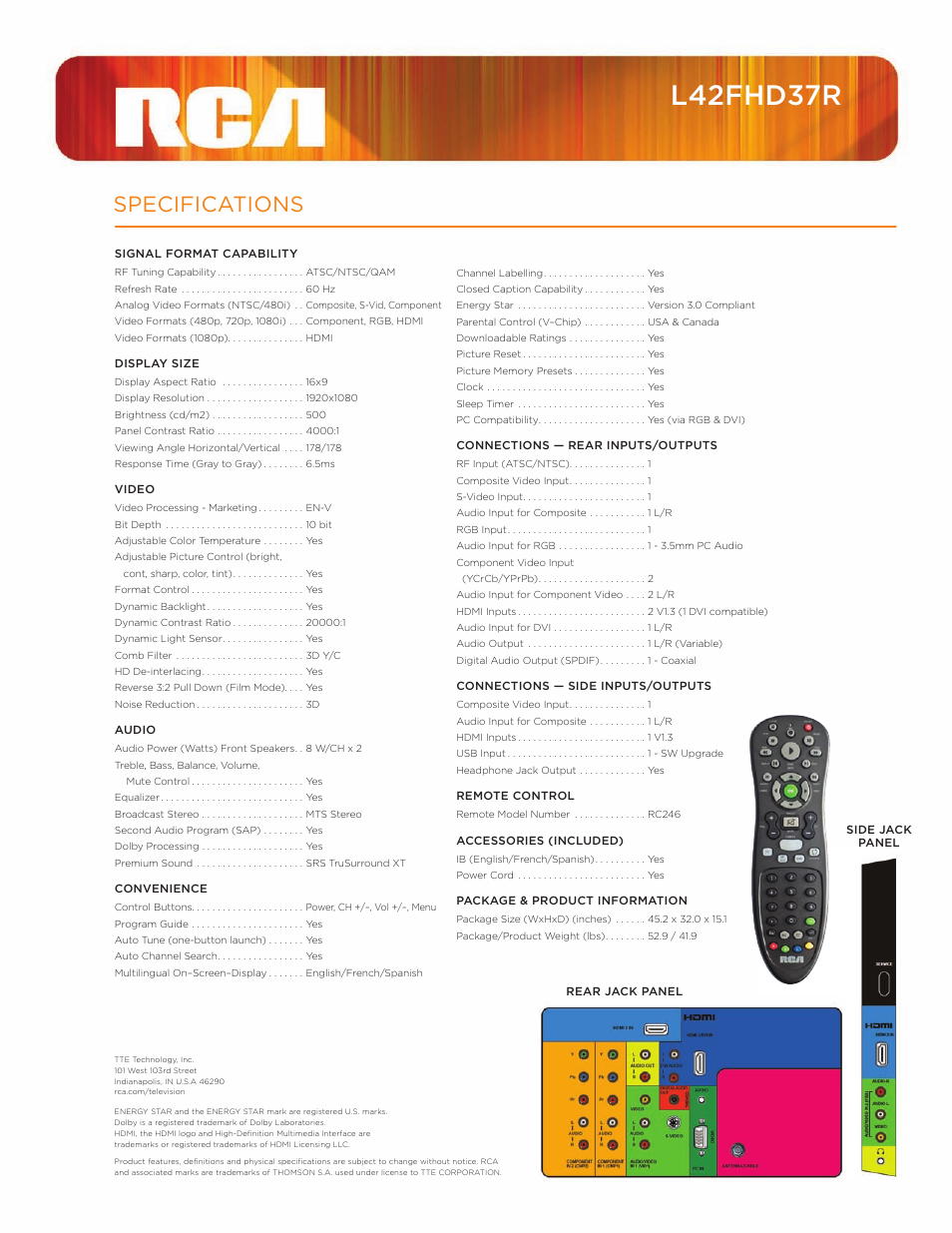 L42fhd37r, Specifications | RCA L42FHD37R User Manual | Page 2 / 2