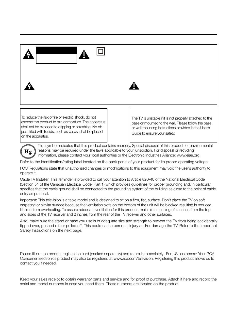 Important information, Product registration, Product information | RCA LCD FLAT PANEL HDTV User Manual | Page 2 / 52