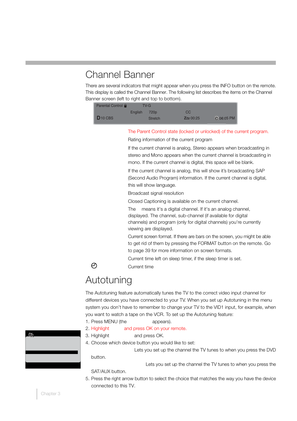 3 using tv features, Channel banner, Autotuning | RCA LCD FLAT PANEL HDTV User Manual | Page 34 / 52