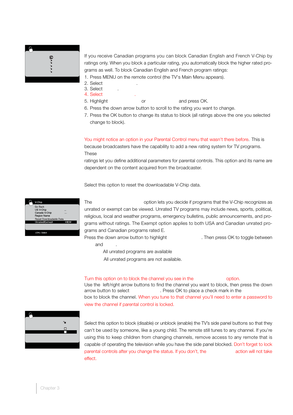 Blocking canada v-chip ratings, Future rating region, Reset downloadable data | Blocking unrated/exempt programs, Block channel, Button block | RCA LCD FLAT PANEL HDTV User Manual | Page 38 / 52