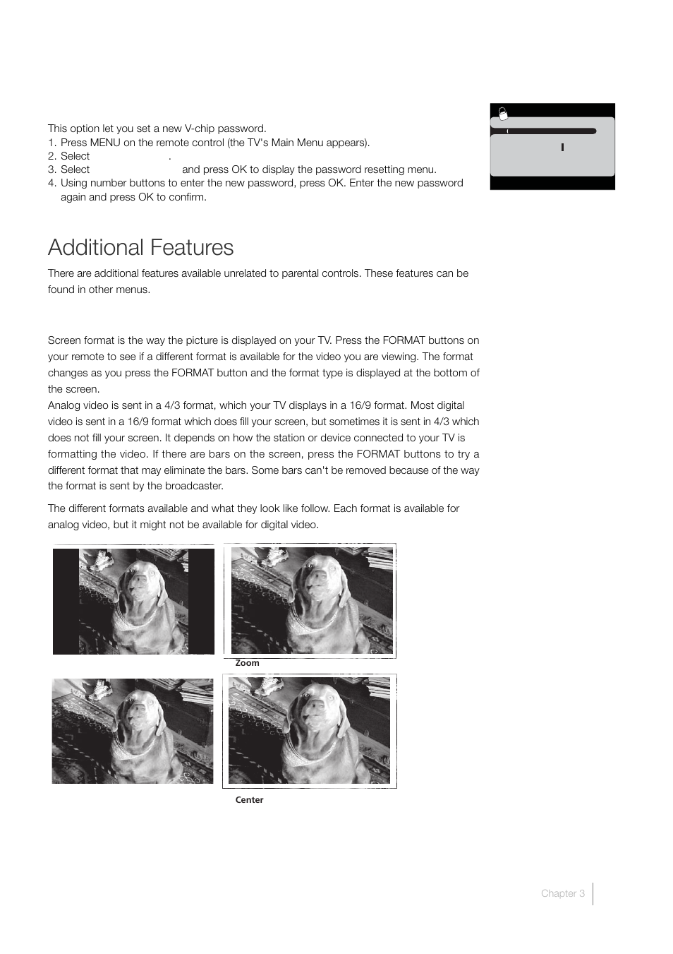 Additional features, Change password, Screen formats | RCA LCD FLAT PANEL HDTV User Manual | Page 39 / 52