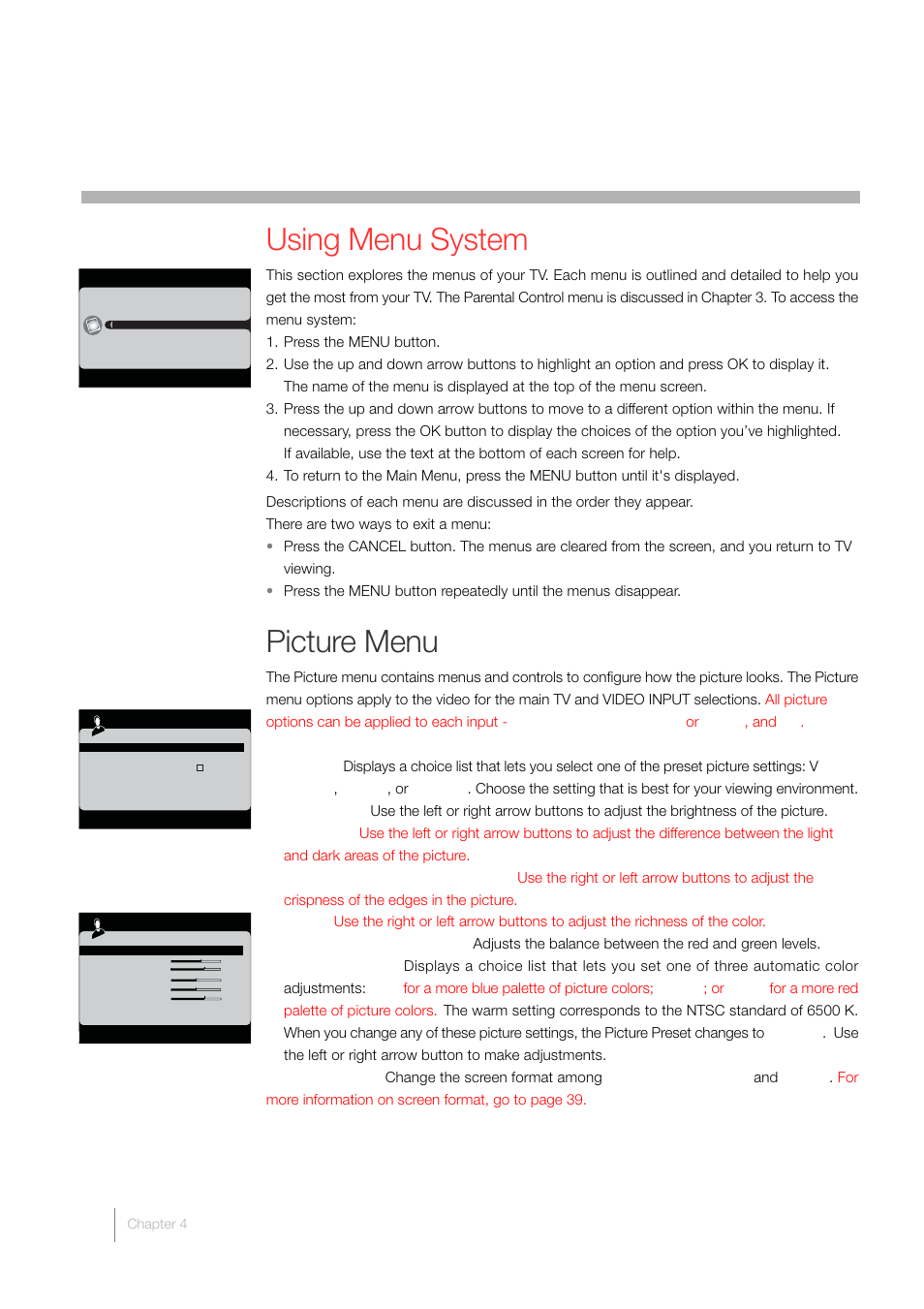4using tv menu, Using menu system, Picture menu | RCA LCD FLAT PANEL HDTV User Manual | Page 40 / 52