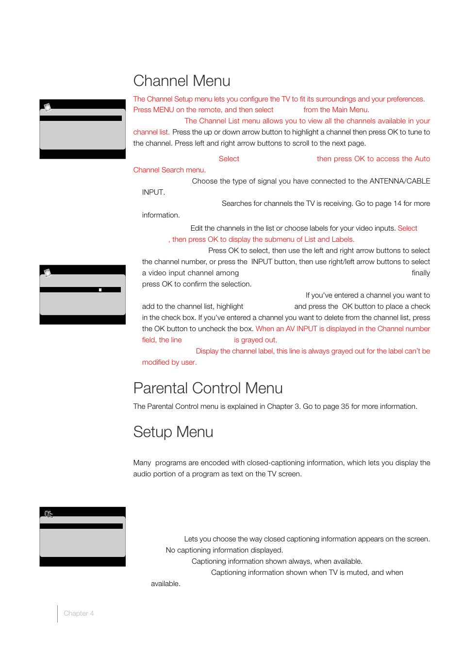 Channel menu, Parental control menu, Setup menu | RCA LCD FLAT PANEL HDTV User Manual | Page 42 / 52