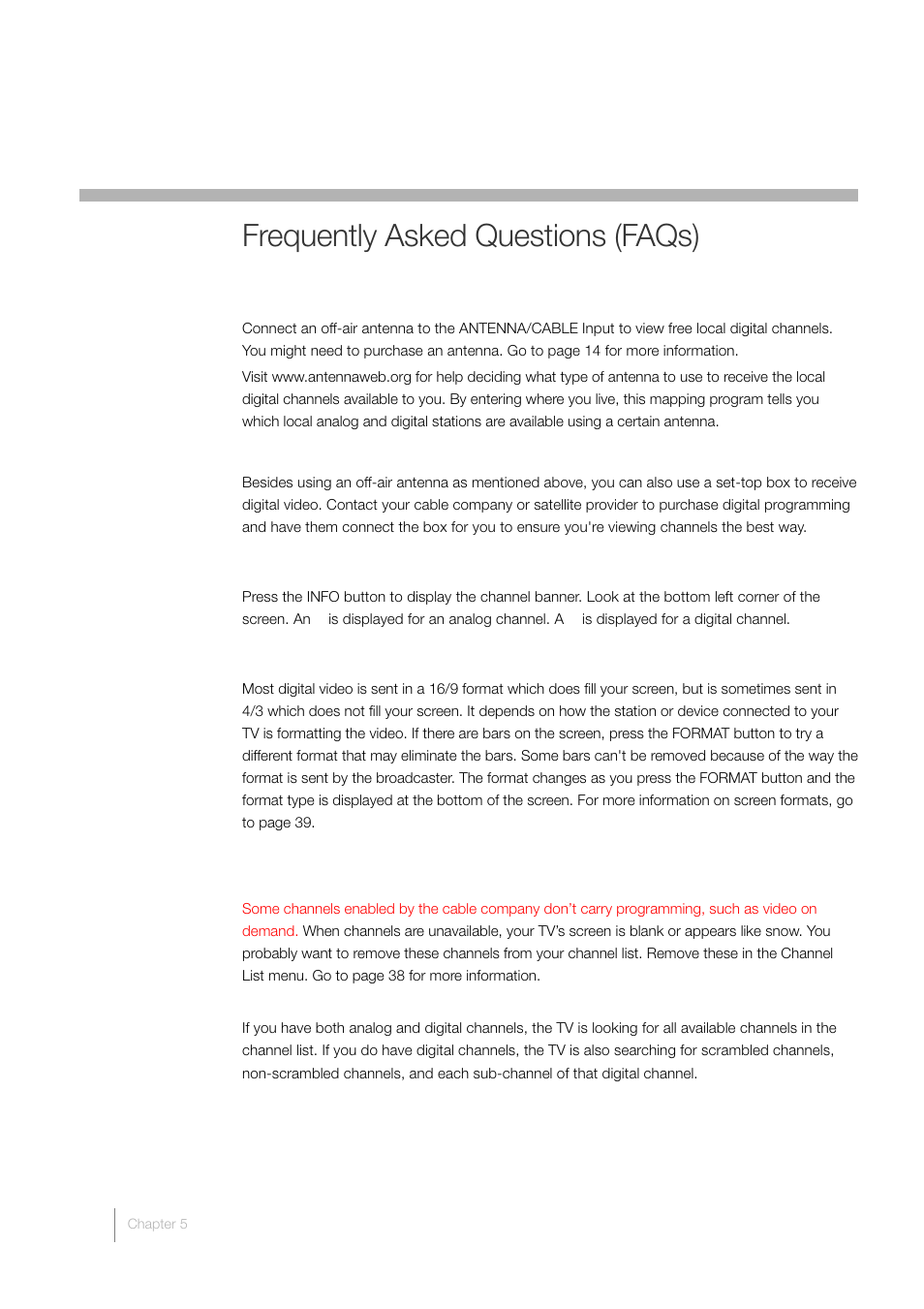 5 other information, Frequently asked questions (faqs) | RCA LCD FLAT PANEL HDTV User Manual | Page 44 / 52