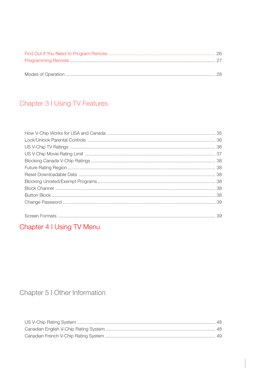 Chapter 3 i using tv features, Chapter 4 i using tv menu, Chapter 5 i other information | RCA LCD FLAT PANEL HDTV User Manual | Page 5 / 52