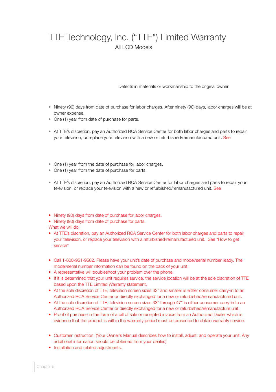 Tte technology, inc. (“tte”) limited warranty | RCA LCD FLAT PANEL HDTV User Manual | Page 50 / 52
