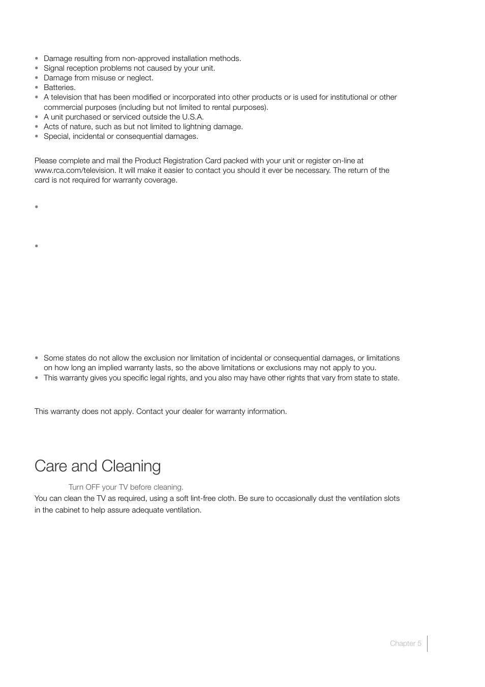Care and cleaning | RCA LCD FLAT PANEL HDTV User Manual | Page 51 / 52