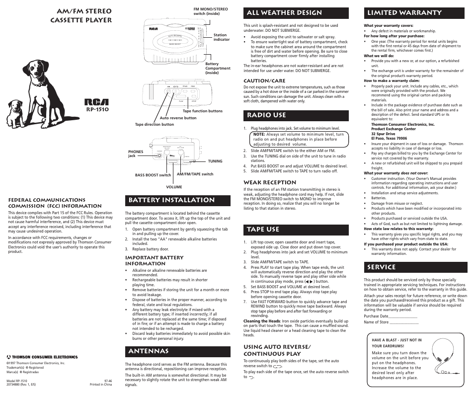 RCA RP-1510 User Manual | 1 page