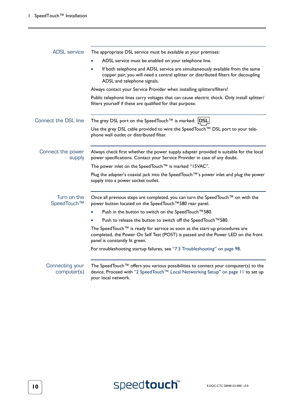 Adsl service, Connect the dsl line, Connect the power supply | Turn on the speedtouch, Connecting your computer(s) | RCA 580 User Manual | Page 12 / 104
