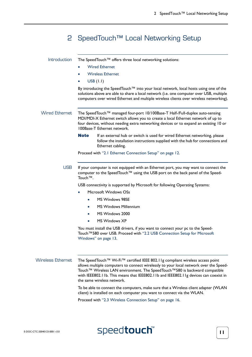 2 speedtouch™ local networking setup, Introduction, Wired ethernet | Wireless ethernet, Speedtouch™ local networking setup, Oceed with | RCA 580 User Manual | Page 13 / 104