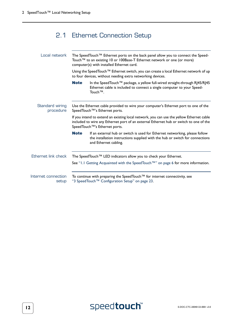 1 ethernet connection setup, Local network, Standard wiring procedure | Ethernet link check, Internet connection setup, Ethernet connection setup | RCA 580 User Manual | Page 14 / 104