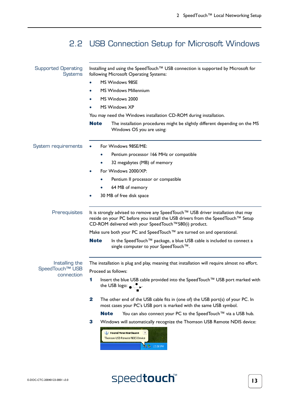 2 usb connection setup for microsoft windows, Supported operating systems, System requirements | Prerequisites, Installing the speedtouch™ usb connection, Usb connection setup for microsoft windows, With, 2 usb connection setup for microsoft | RCA 580 User Manual | Page 15 / 104