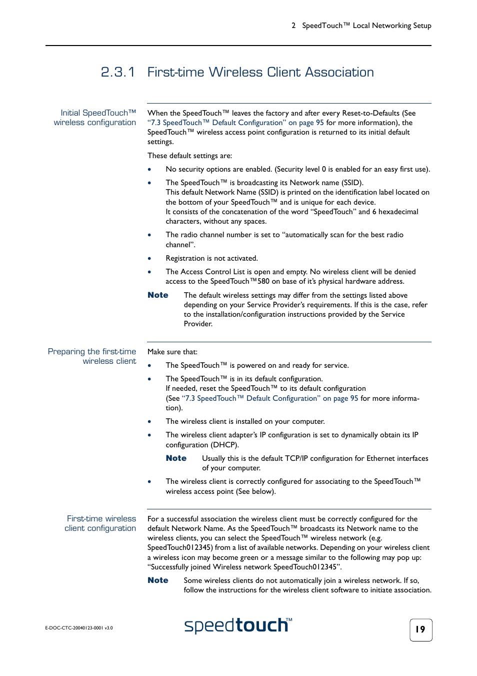 1 first-time wireless client association, Initial speedtouch™ wireless configuration, Preparing the first-time wireless client | First-time wireless client configuration, First-time wireless client association | RCA 580 User Manual | Page 21 / 104