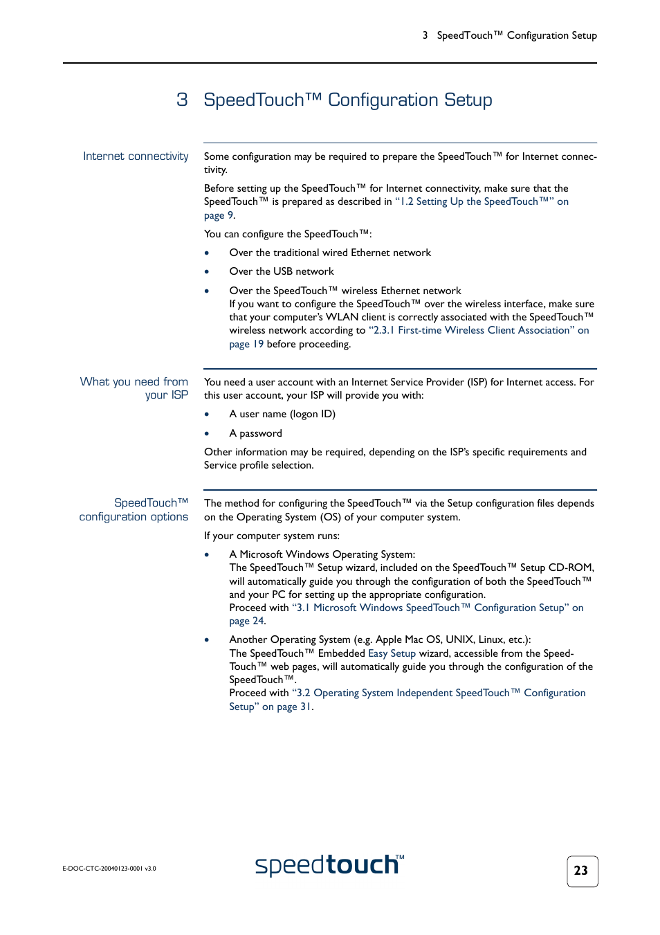3 speedtouch™ configuration setup, Internet connectivity, What you need from your isp | Speedtouch™ configuration options, Speedtouch™ configuration setup | RCA 580 User Manual | Page 25 / 104