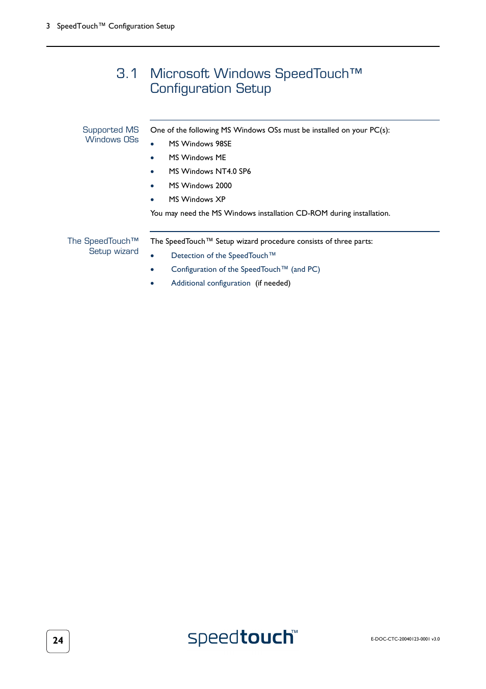 Supported ms windows oss, The speedtouch™ setup wizard, Microsoft windows speedtouch™ configuration setup | Oceed with | RCA 580 User Manual | Page 26 / 104
