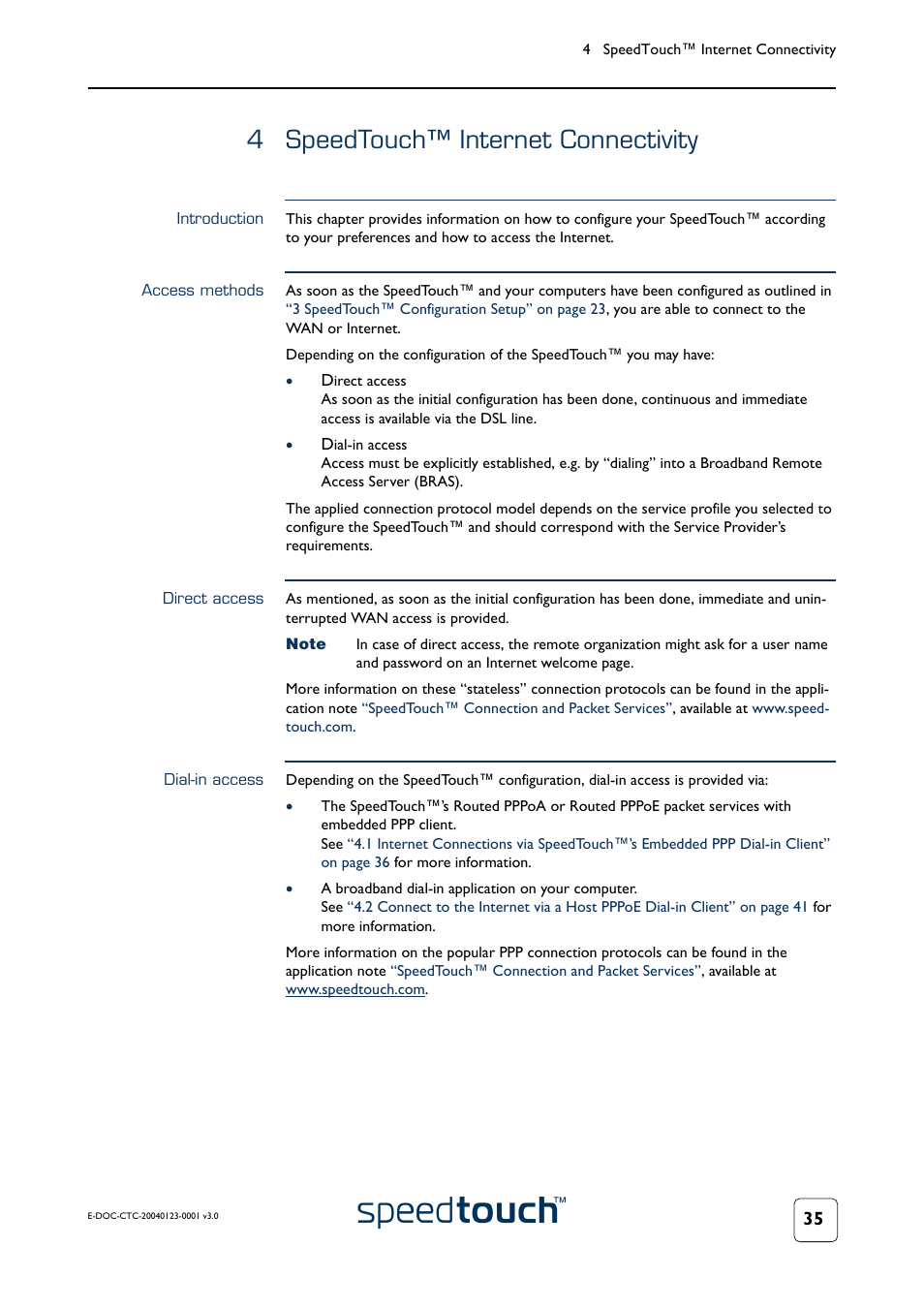 4 speedtouch™ internet connectivity, Introduction, Access methods | Direct access, Dial-in access, Speedtouch™ internet connectivity | RCA 580 User Manual | Page 37 / 104