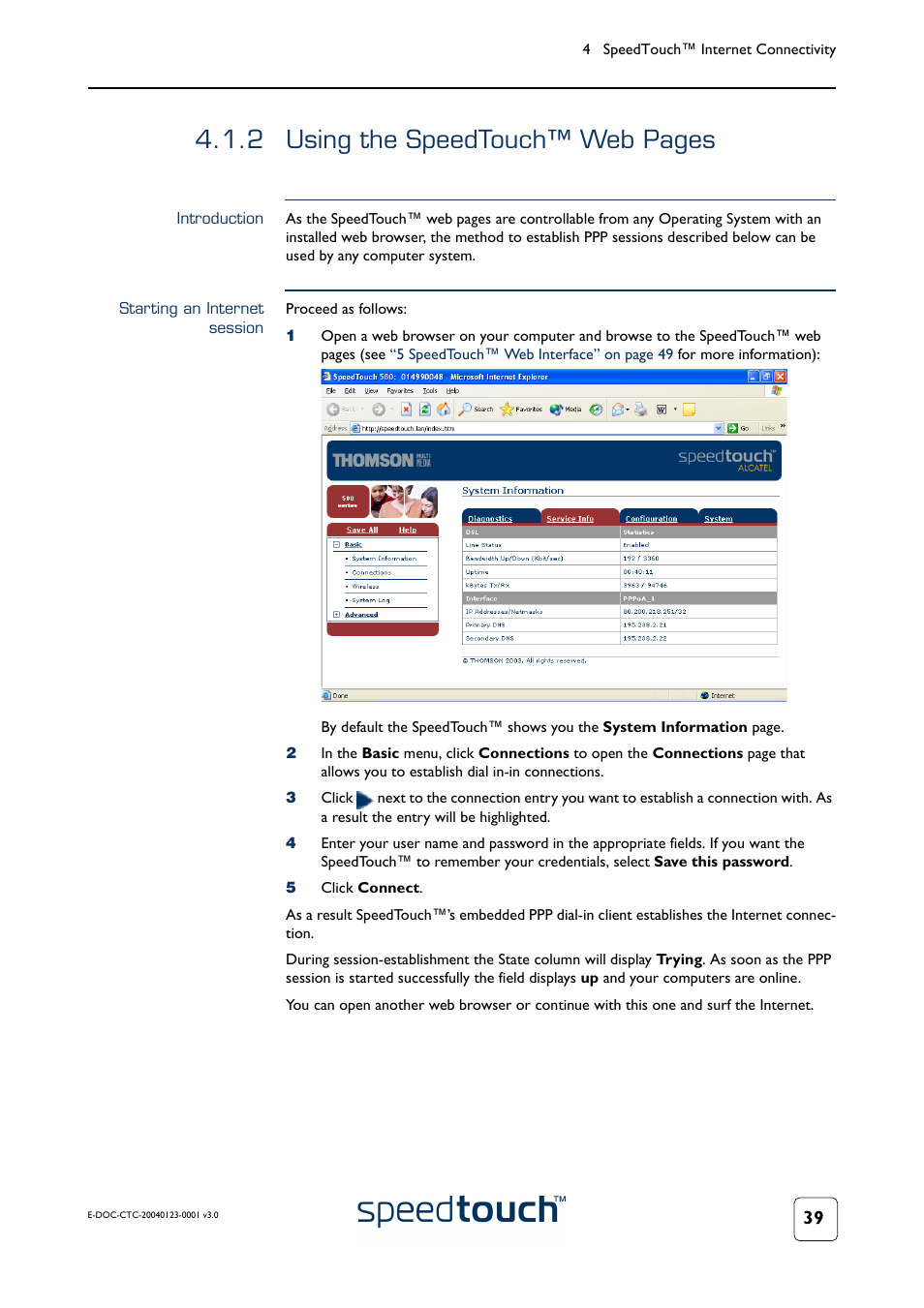 Introduction, Starting an internet session, 2 using the speedtouch™ web pages | RCA 580 User Manual | Page 41 / 104