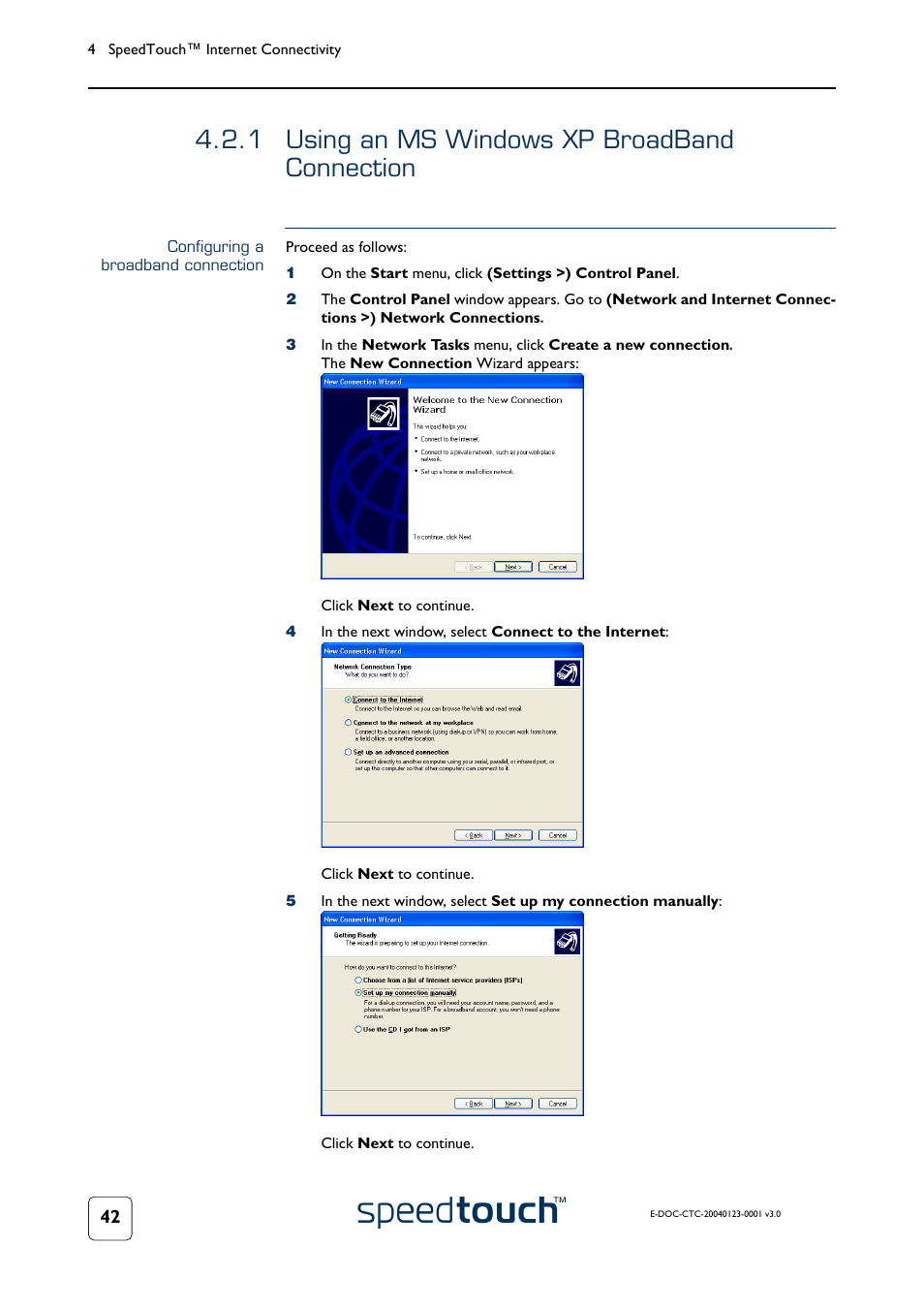 1 using an ms windows xp broadband connection, Configuring a broadband connection, Using an ms windows xp broadband connection | RCA 580 User Manual | Page 44 / 104