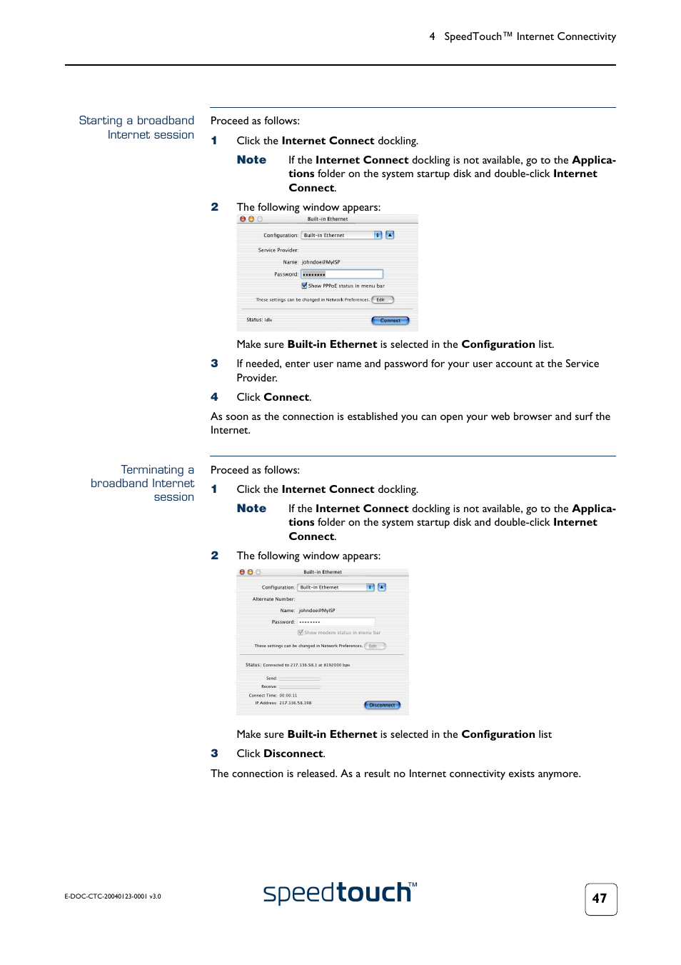 Starting a broadband internet session, Terminating a broadband internet session | RCA 580 User Manual | Page 49 / 104