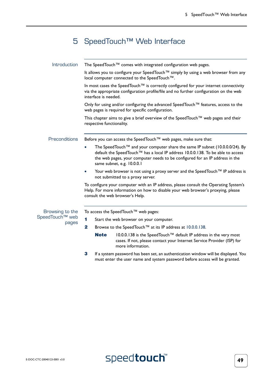 5 speedtouch™ web interface, Introduction, Preconditions | Speedtouch™ web interface | RCA 580 User Manual | Page 51 / 104