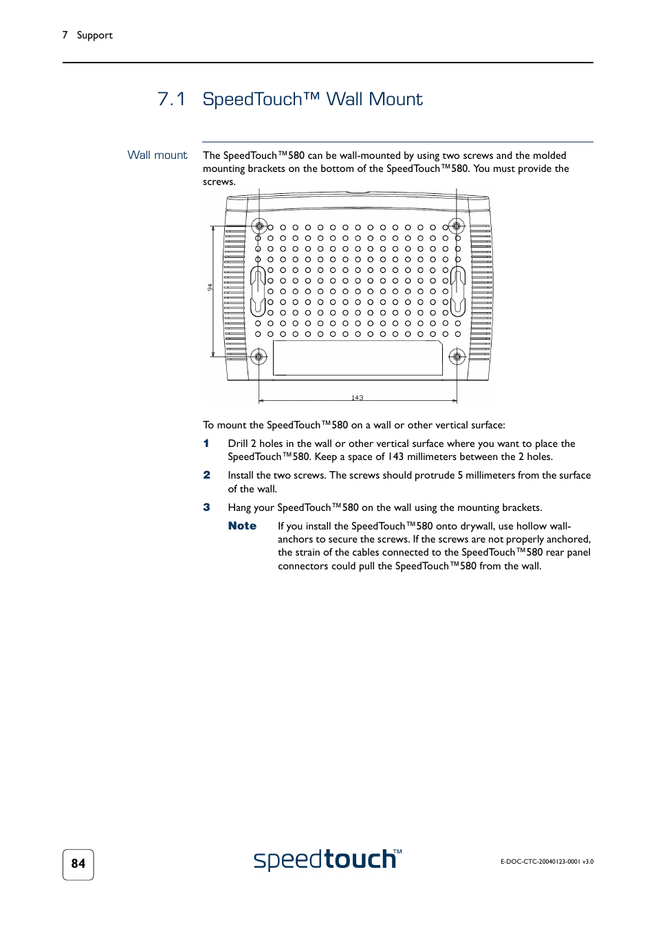 1 speedtouch™ wall mount, Wall mount, Speedtouch™ wall mount | RCA 580 User Manual | Page 86 / 104